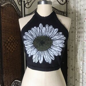 Urban Outfitters Future State Black Halter Daisy Graphic Crop Top